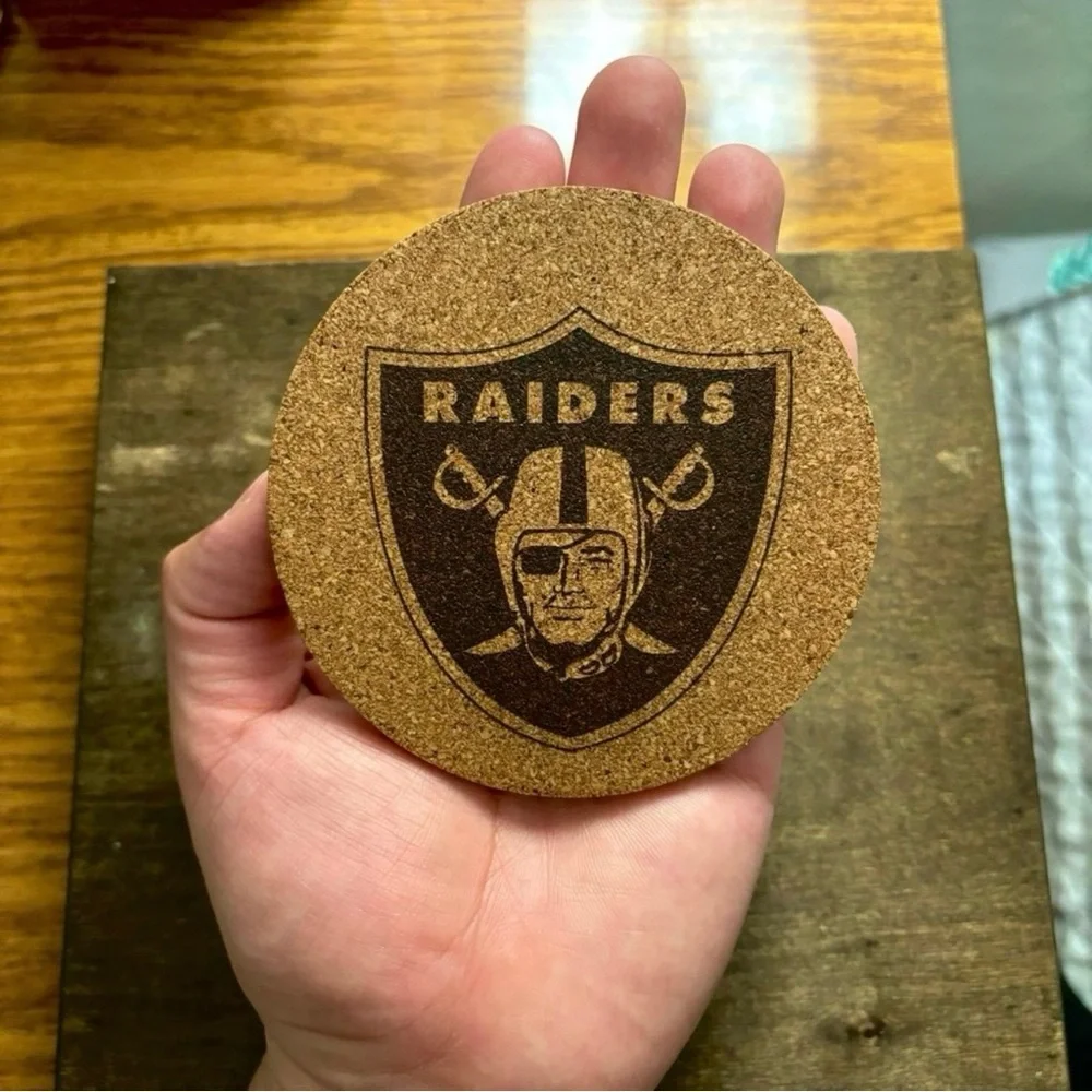 Raiders 2 Non Skull & 2 Skull Emblem Laser Engraved Cork Coasters